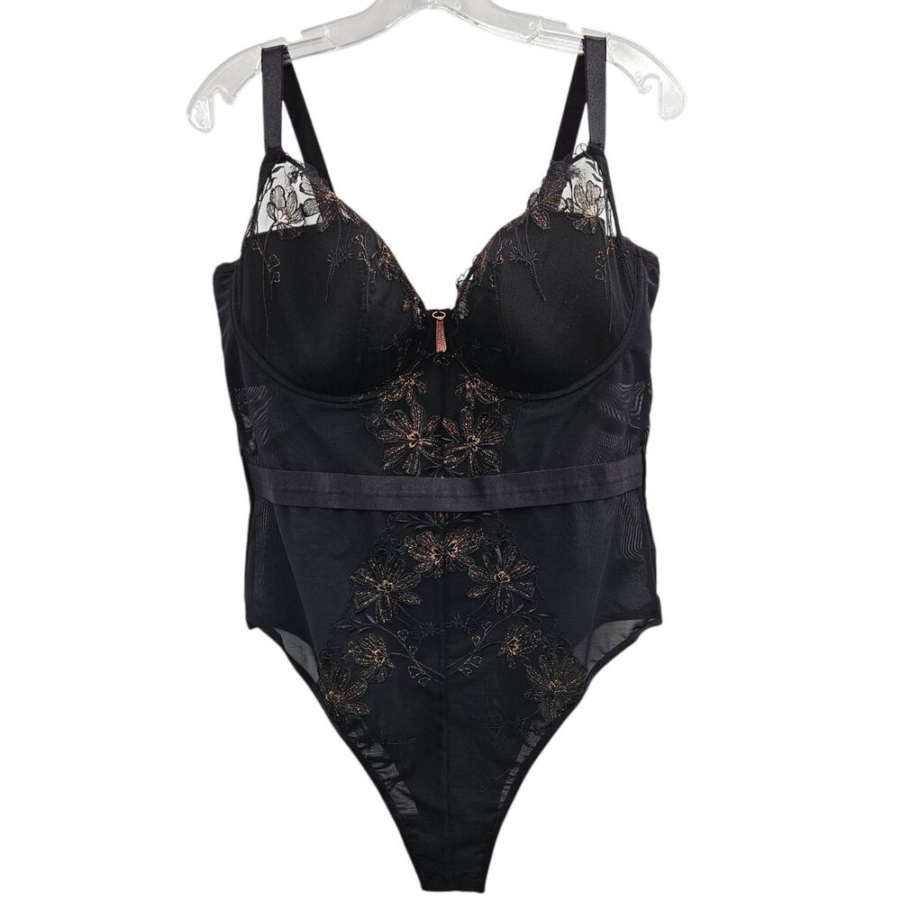 Pour Moi Black Embroidered Mesh Bodysuit Size 38F Teddy Sheer Lingerie Floral